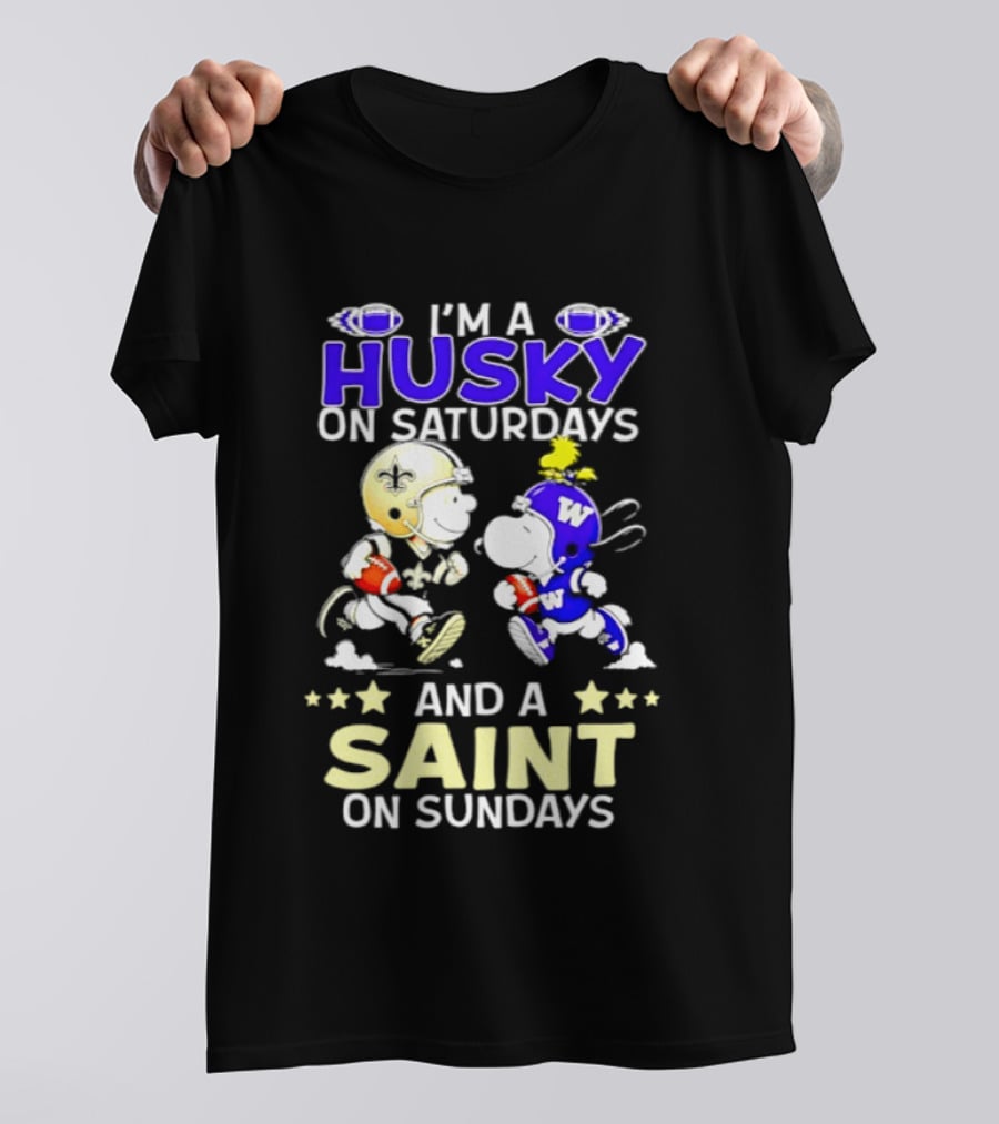 Peanuts I'm A Husky On Saturdays And A Saint On Sundays Football Charlie Brown Snoopy T-Shirt