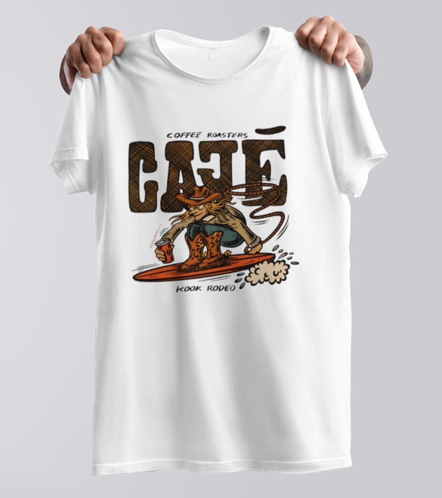 Cowboy Cafe Coffee Roaster Kook Rodeo Surfing Cowboy T-Shirt