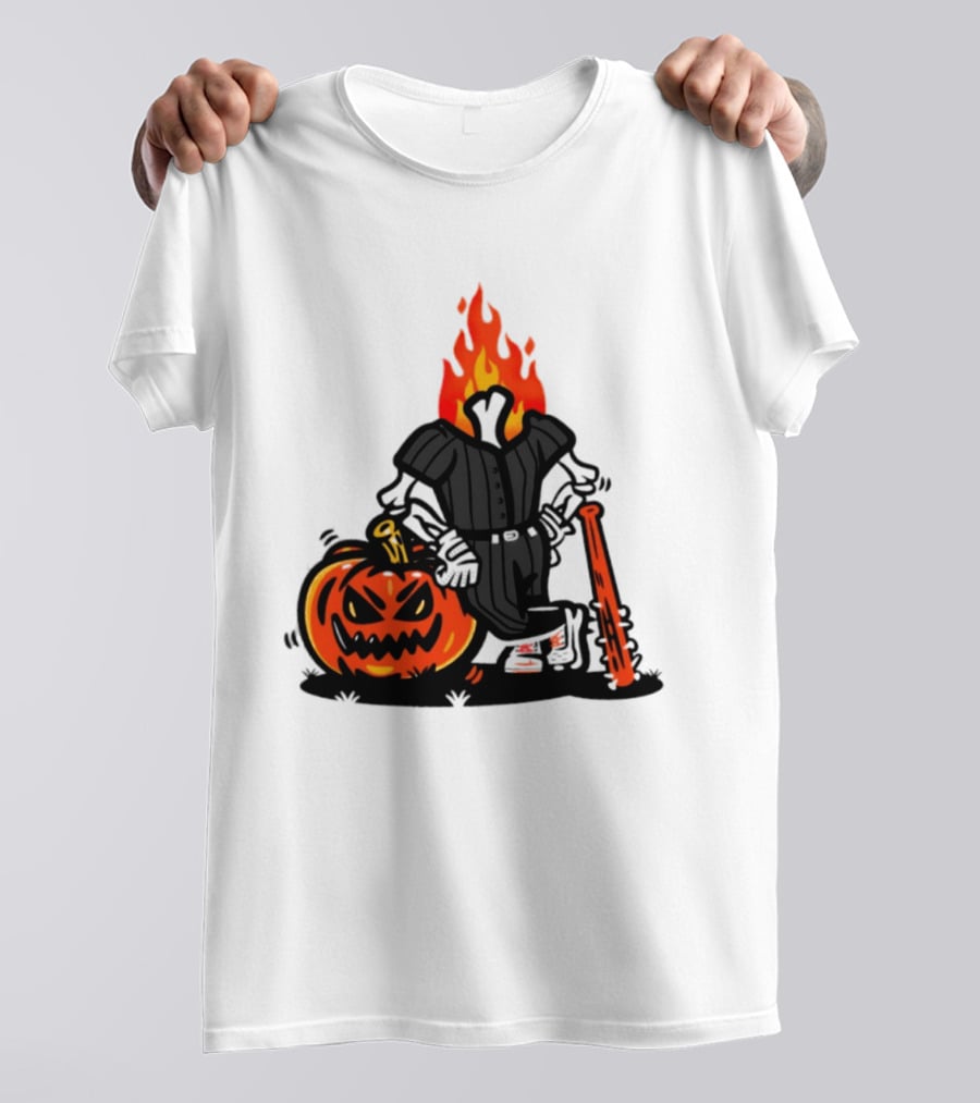 Flaming Pumpkin Head Baseball Player 2026 Halloween T-Shirt