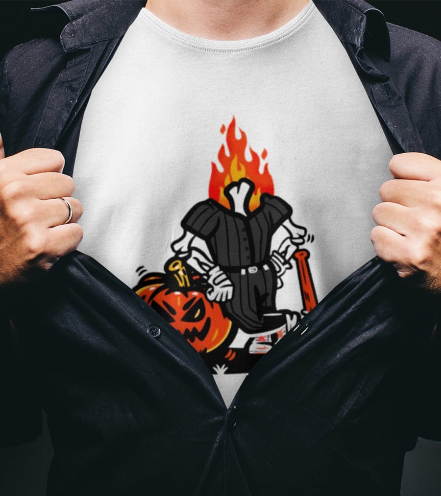 Flaming Pumpkin Head Baseball Player 2026 Halloween T-Shirt