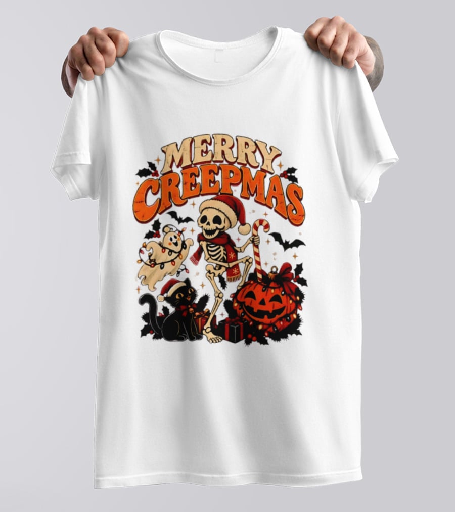 Merry Creepmas Skeleton Ghost Black Cat Pumpkin Holiday Scene T-Shirt