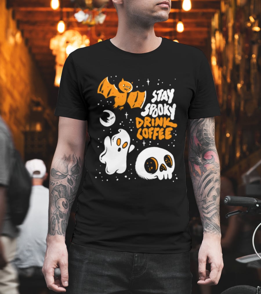 Stay Spooky Drink Coffee Halloween Ghost With Bat Skull And Moon T-Shirt