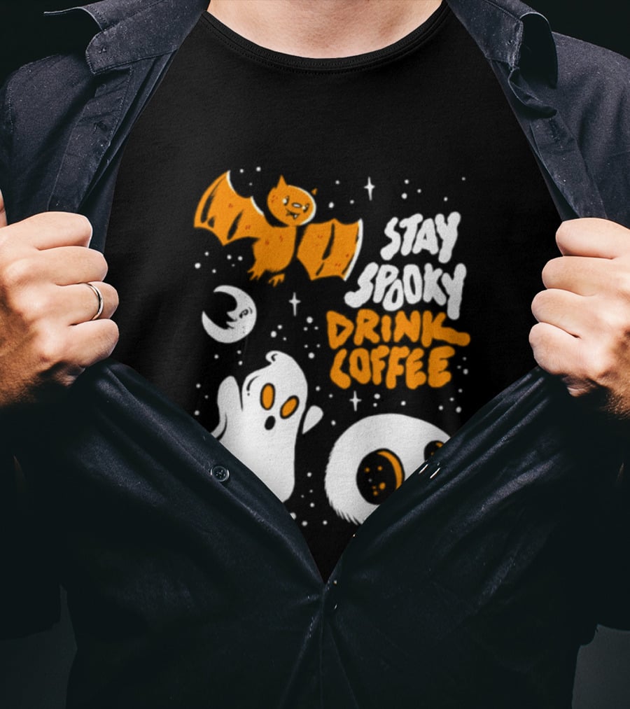 Stay Spooky Drink Coffee Halloween Ghost With Bat Skull And Moon T-Shirt