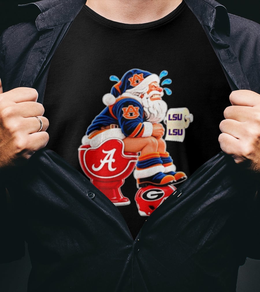 Auburn Santa On Alabama Crimson Tide Toilet With LSU Paper Georgia Bulldogs Helmet Football Humor T-Shirt
