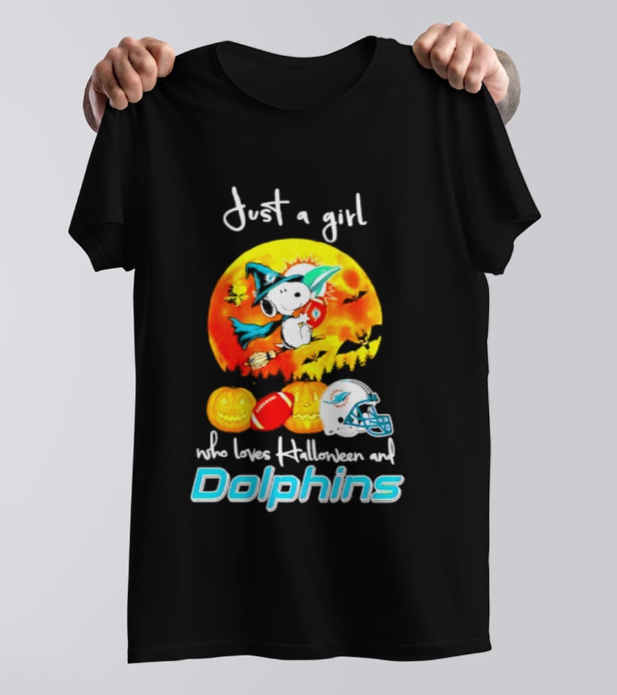 Just A Girl Who Loves Halloween And Miami Dolphins Snoopy Woodstock Pumpkin Football T-Shirt