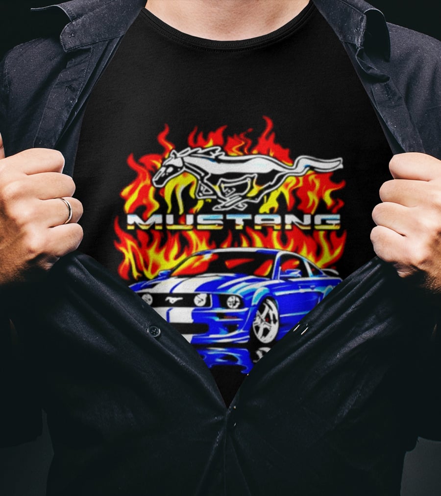 Mustang Blue Car With Flaming Horse And Fire T-Shirt