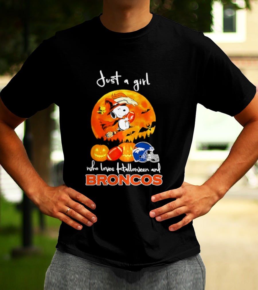 Just A Girl Who Loves Halloween And Broncos Football With Snoopy And Woodstock In Pumpkin T-Shirt