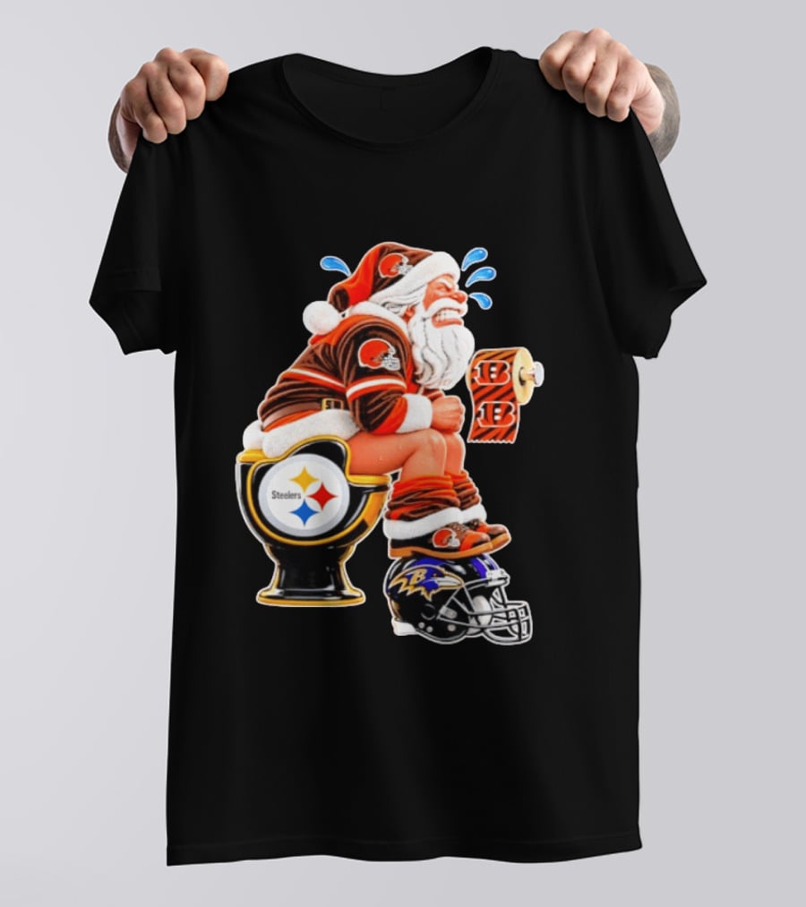 Santa Claus Cleveland Browns Toilet Sitting Steelers Ravens Bengals Meme T-Shirt