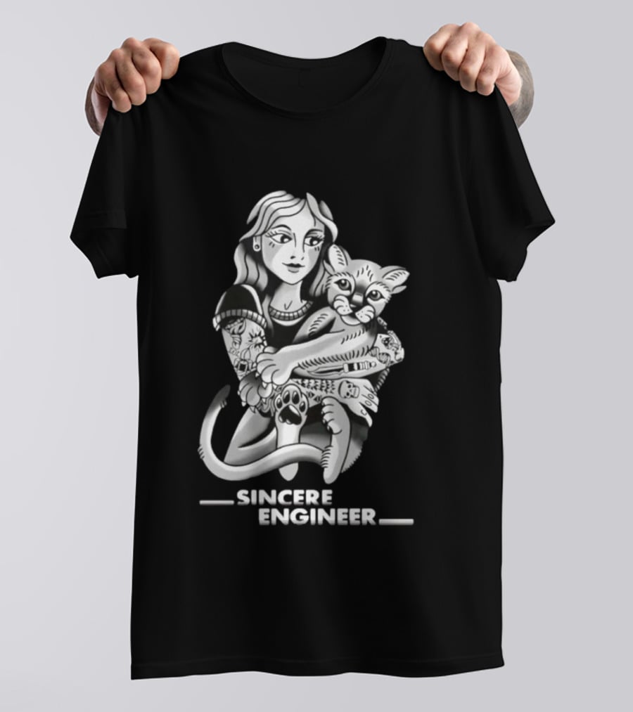 Sincere Engineer Punk Alternative Tattooed Girl Hugging Cat T-Shirt