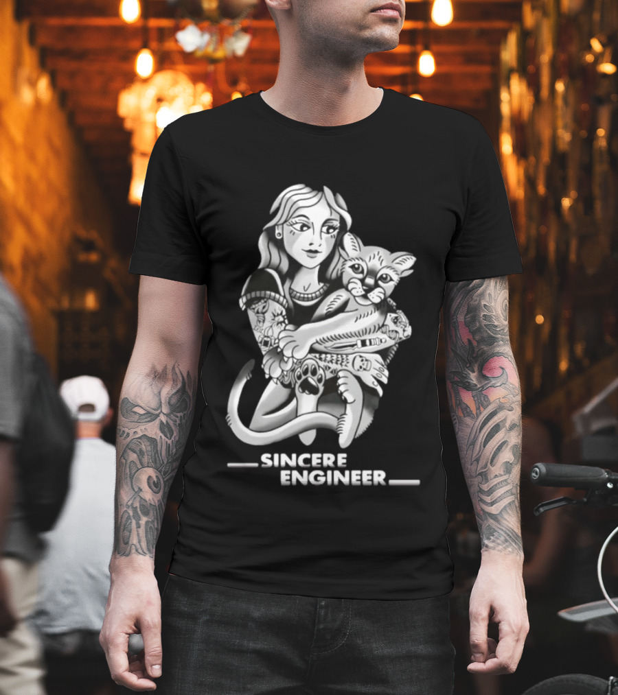 Sincere Engineer Punk Alternative Tattooed Girl Hugging Cat T-Shirt
