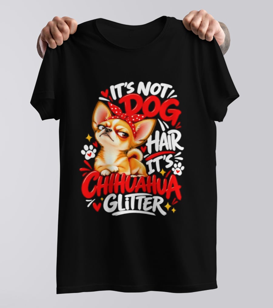 It's Not Dog Hair It's Chihuahua Glitter Cute Chihuahua With Red Bow And Paw Prints T-Shirt