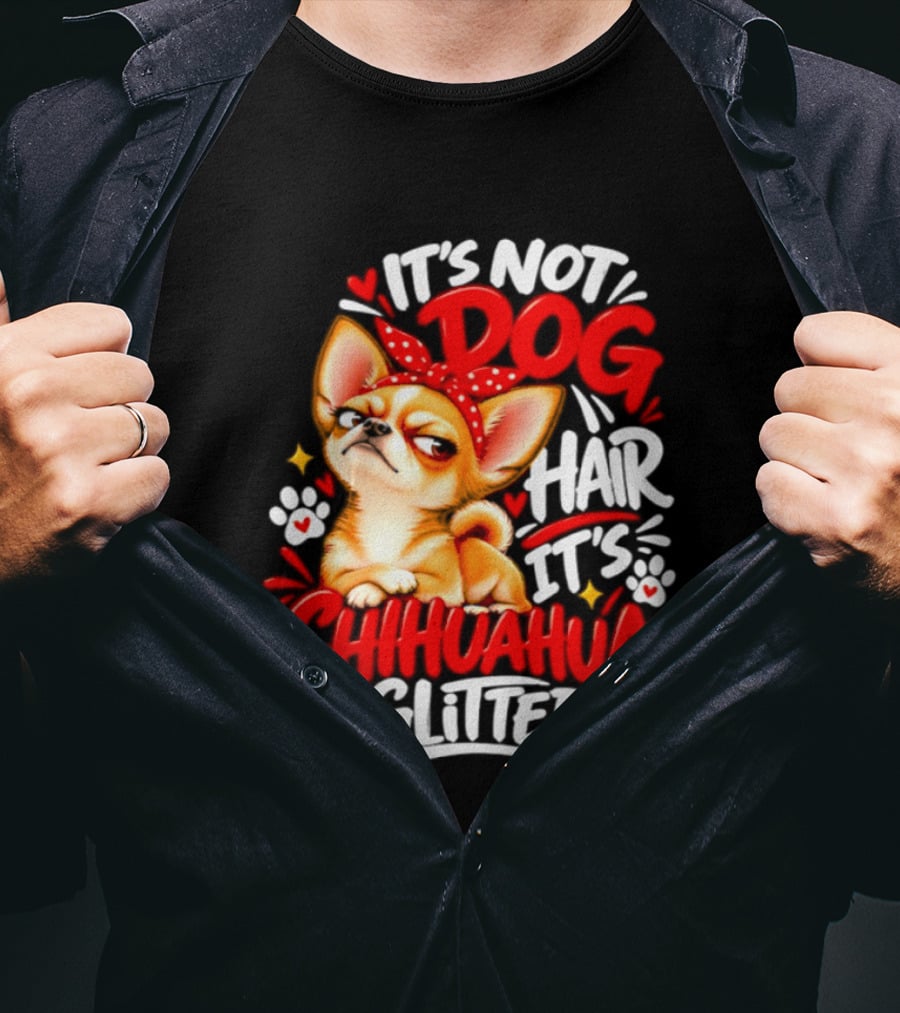 It's Not Dog Hair It's Chihuahua Glitter Cute Chihuahua With Red Bow And Paw Prints T-Shirt