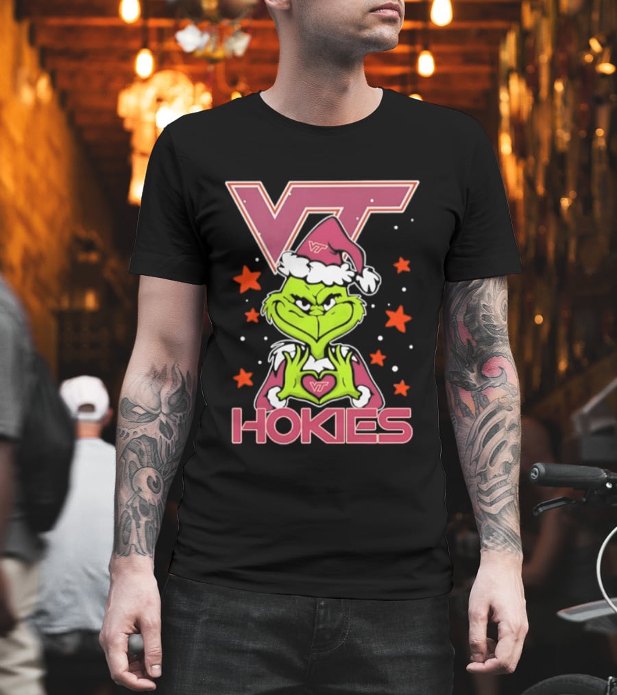 Virginia Tech Hokies Grinch Christmas Love Hands Football 2026 T-Shirt