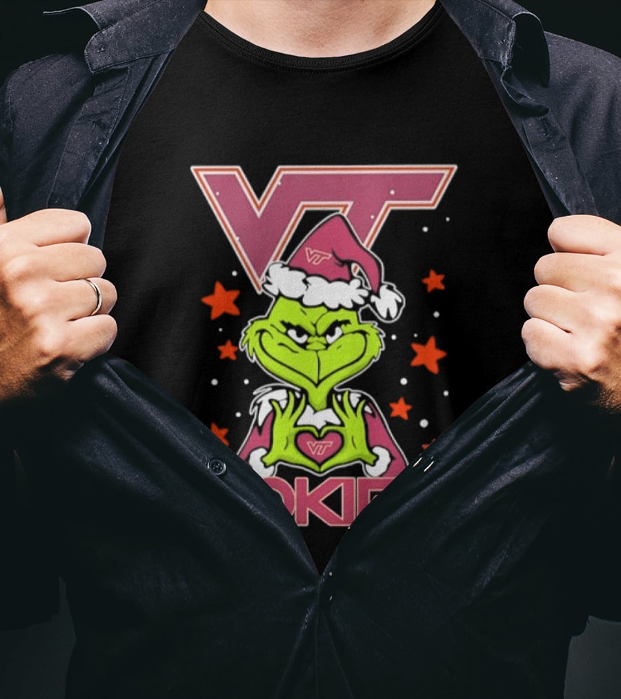 Virginia Tech Hokies Grinch Christmas Love Hands Football 2026 T-Shirt