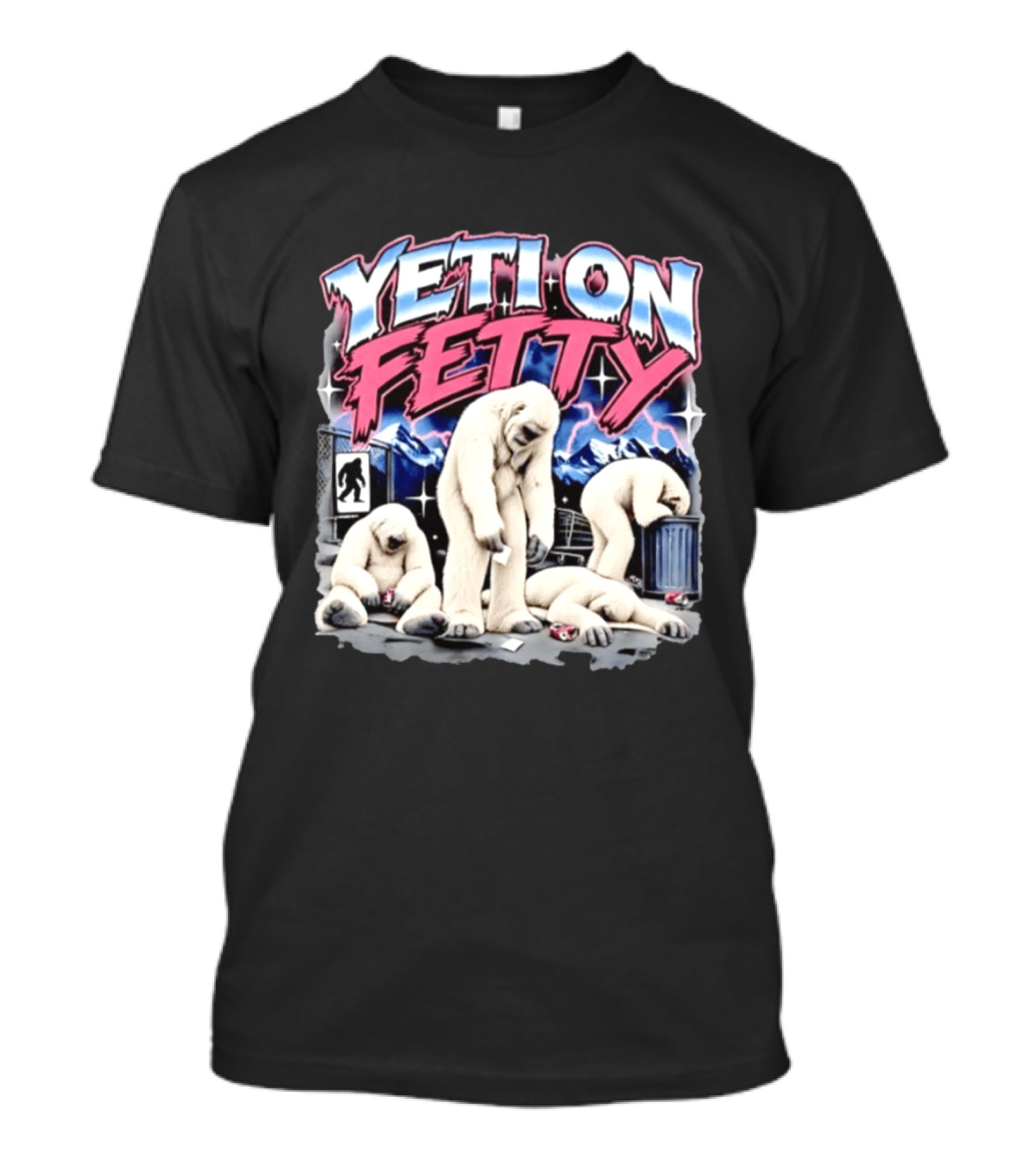 Yeti On Fetty Bigfoot Snowy Mountain Scene T-Shirt