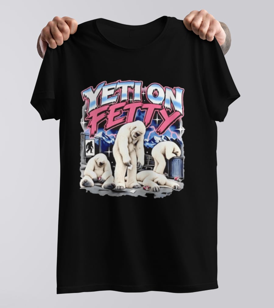 Yeti On Fetty Bigfoot Snowy Mountain Scene T-Shirt