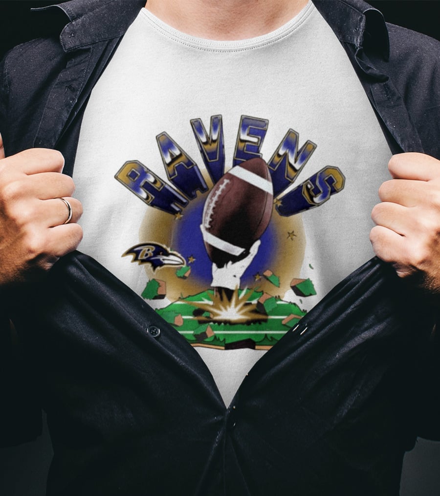 Ravens 2026 Explode Clubhouse Logo With Football And Hand Iconic Team T-Shirt