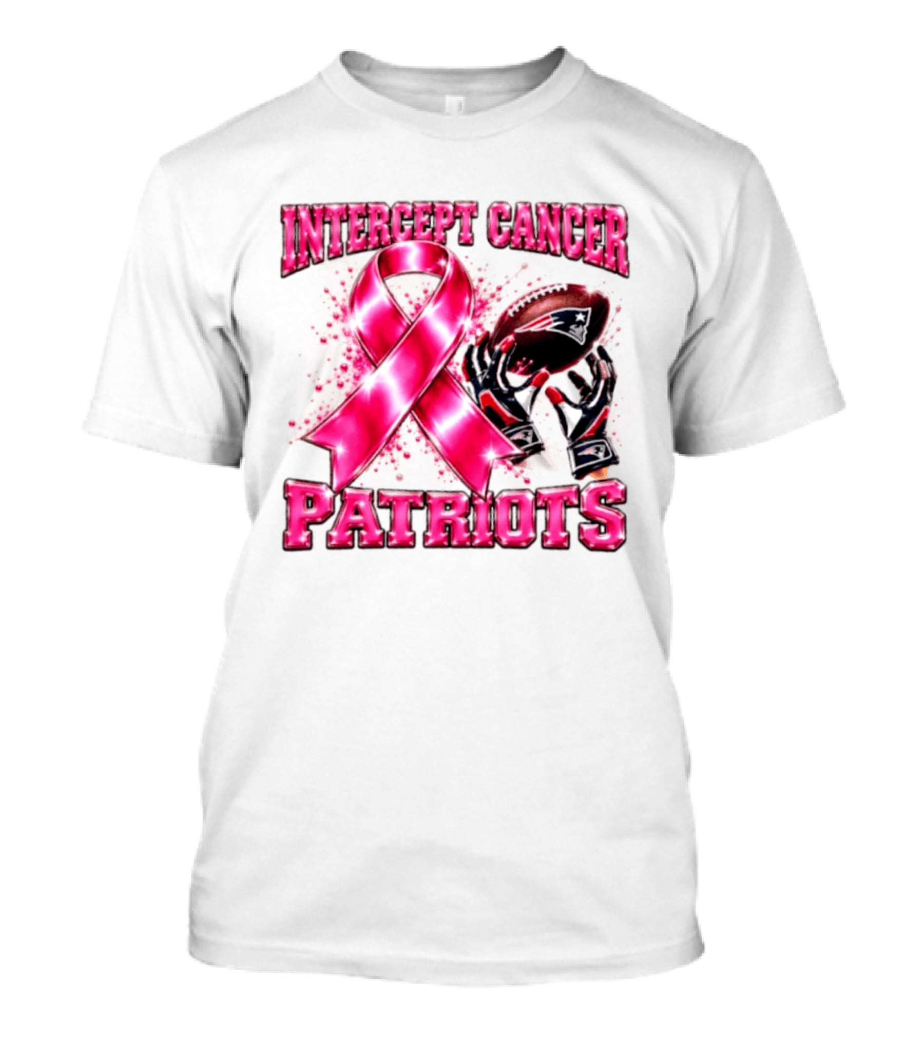 Intercept Cancer New England Patriots 2026 Football Gloves Pink Ribbon Awareness T-Shirt