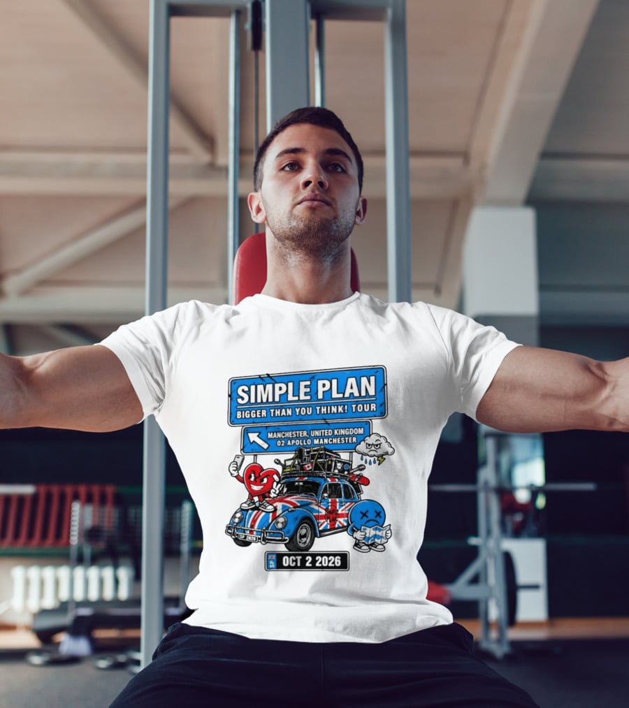Simple Plan Bigger Than You Think Tour Manchester O2 Apollo Oct 2 2026 Car And Characters T-Shirt