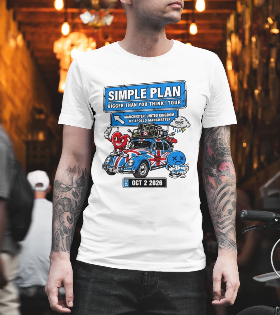 Simple Plan Bigger Than You Think Tour Manchester O2 Apollo Oct 2 2026 Car And Characters T-Shirt