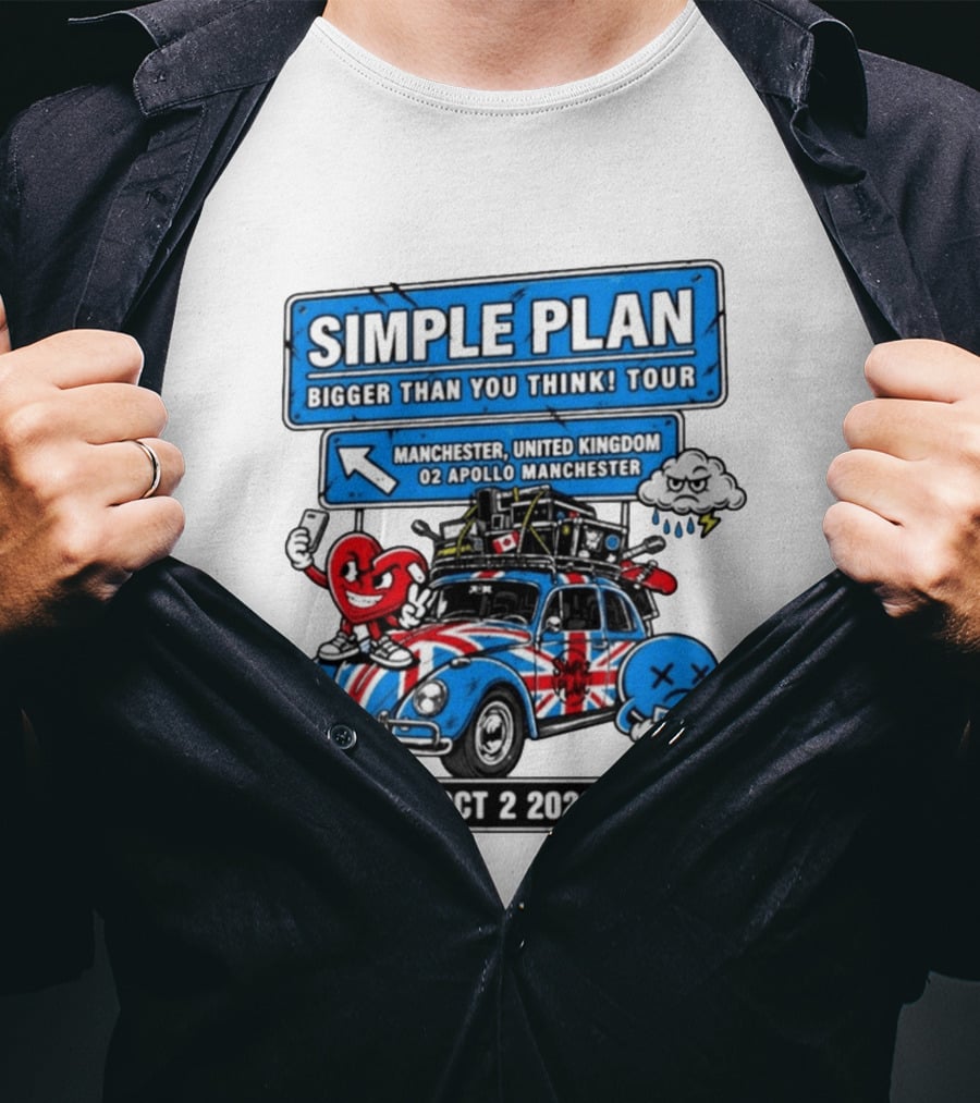 Simple Plan Bigger Than You Think Tour Manchester O2 Apollo Oct 2 2026 Car And Characters T-Shirt