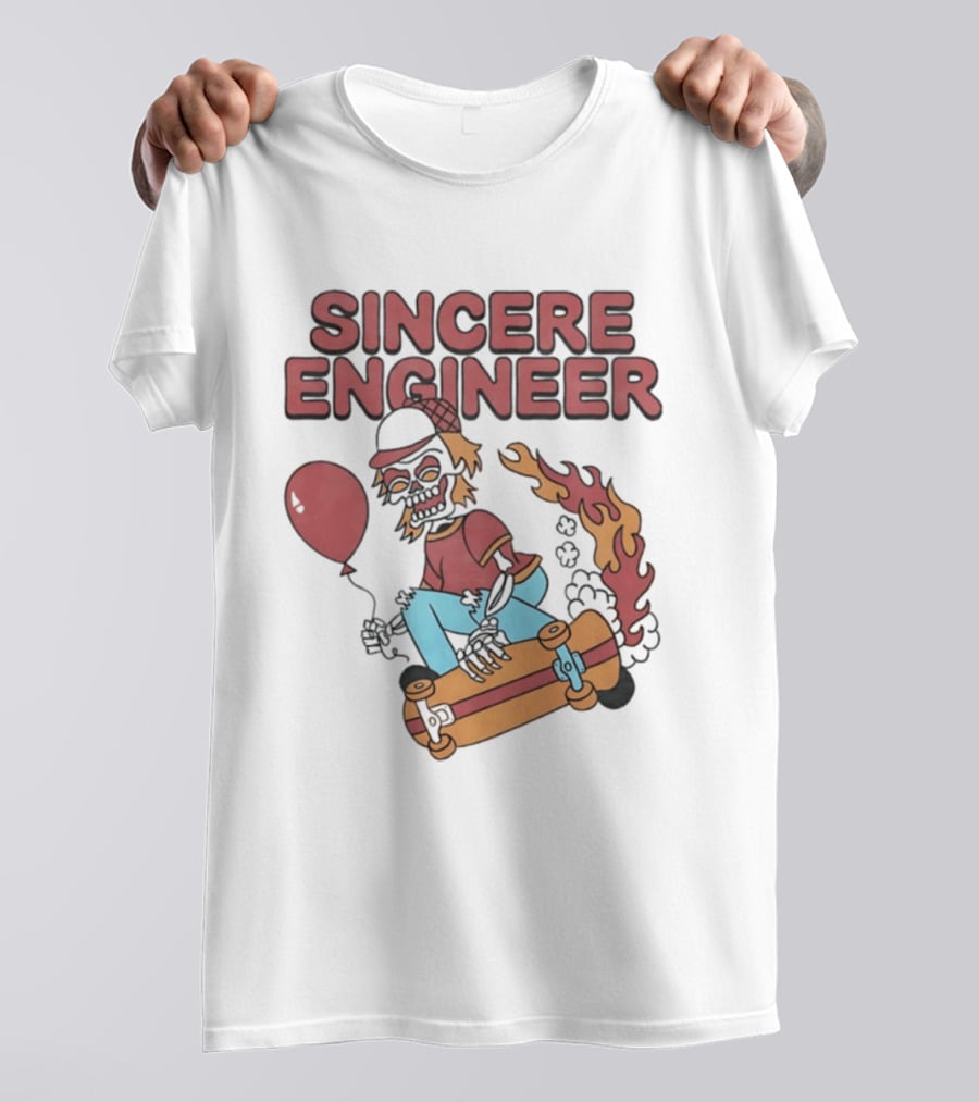 Sincere Engineer Skeleton Skateboarder With Balloon And Flaming Wheels T-Shirt