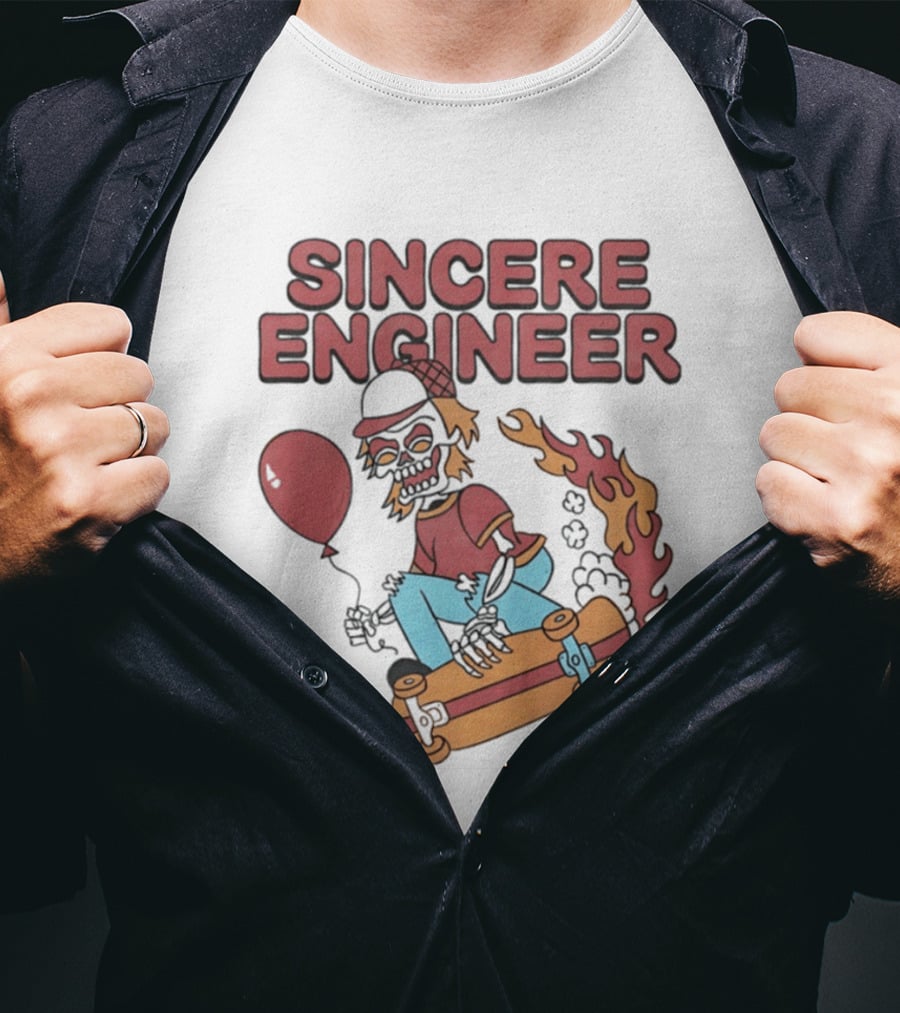 Sincere Engineer Skeleton Skateboarder With Balloon And Flaming Wheels T-Shirt