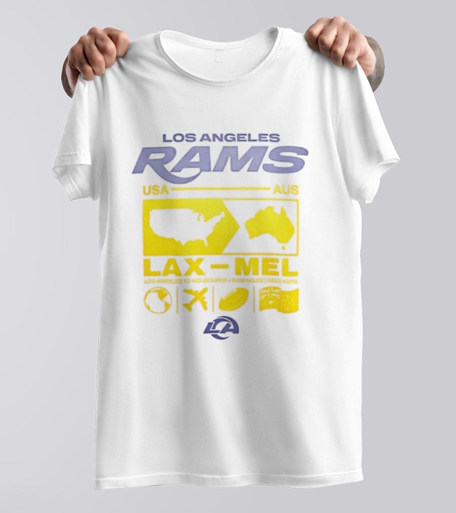 Los Angeles Rams LAX To MEL 2026 USA To Australia Football Journey T-Shirt