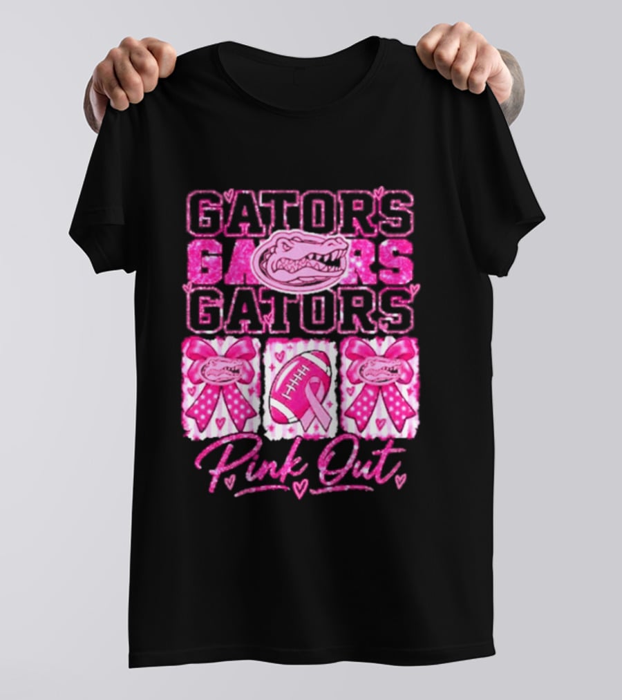 Gators Pink Out Breast Cancer Awareness Game Day Bow Ribbon Football T-Shirt