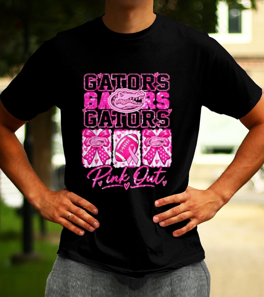 Gators Pink Out Breast Cancer Awareness Game Day Bow Ribbon Football T-Shirt