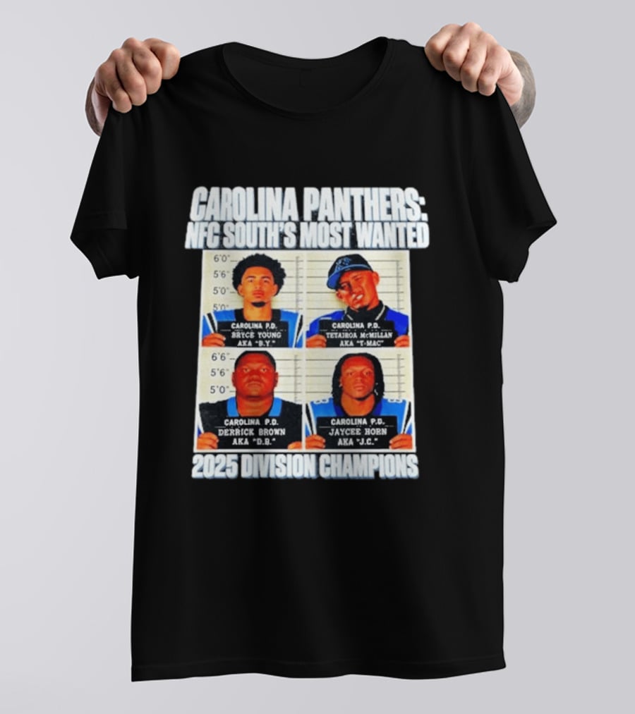 Carolina Panthers NFC South's Most Wanted Bryce Young Derrick Brown Jaycee Horn 2025 Division Champions T-Shirt