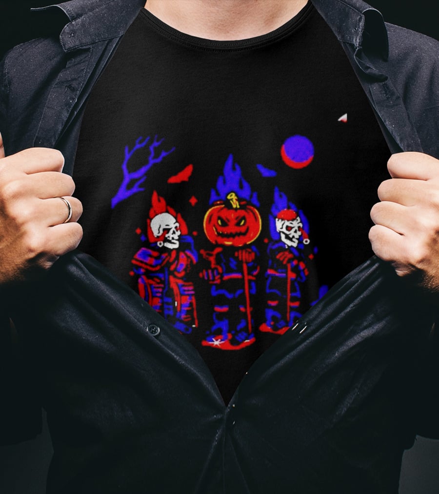 Halloween Pumpkin Skeleton Hockey Players Spooky Sports T-Shirt