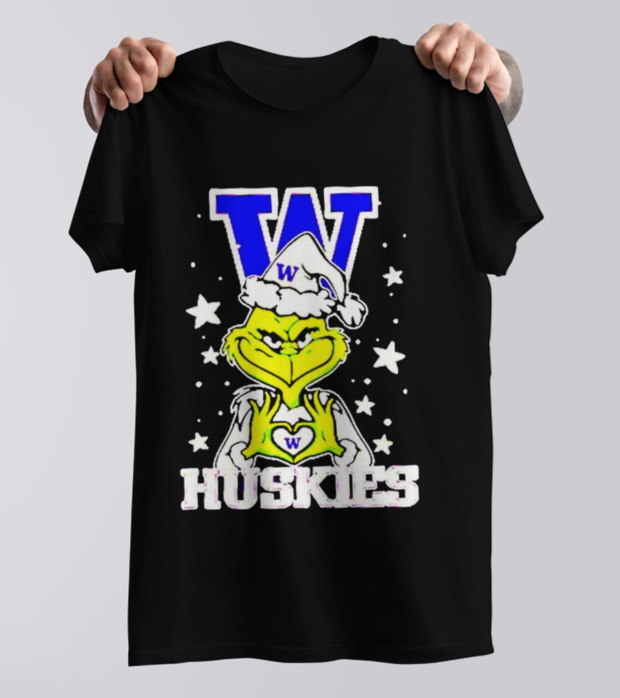 Washington Huskies Grinch Santa Hat Christmas Heart Hands W Monogram T-Shirt