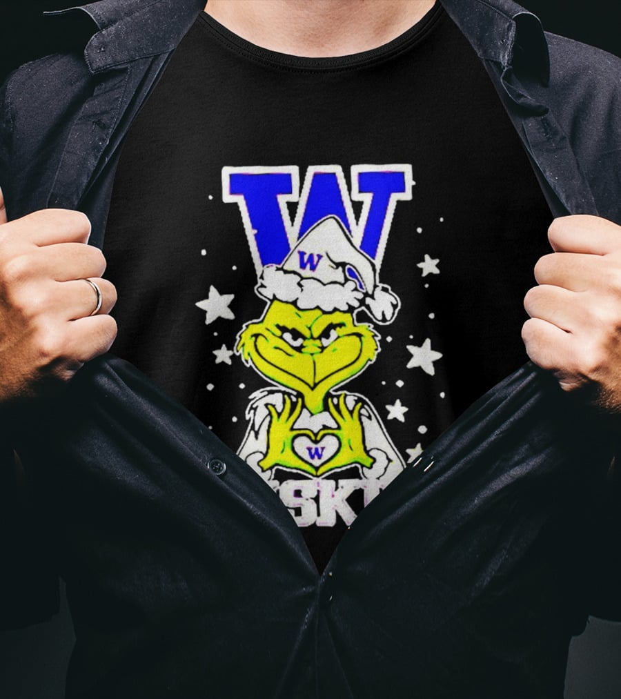 Washington Huskies Grinch Santa Hat Christmas Heart Hands W Monogram T-Shirt