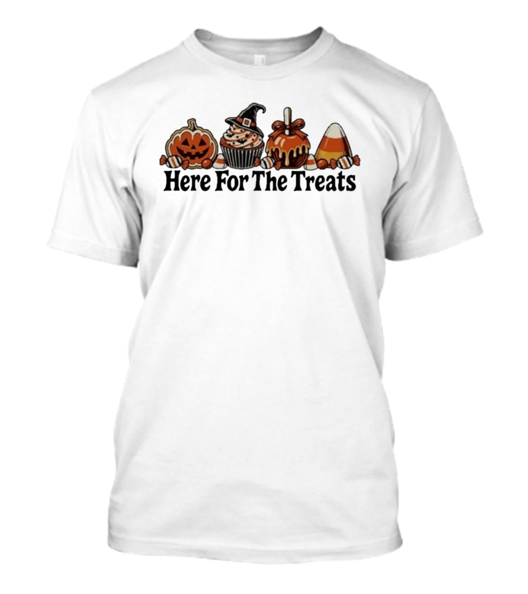 Here For The Treats Halloween Jack O Lantern Cupcake Candy T-Shirt
