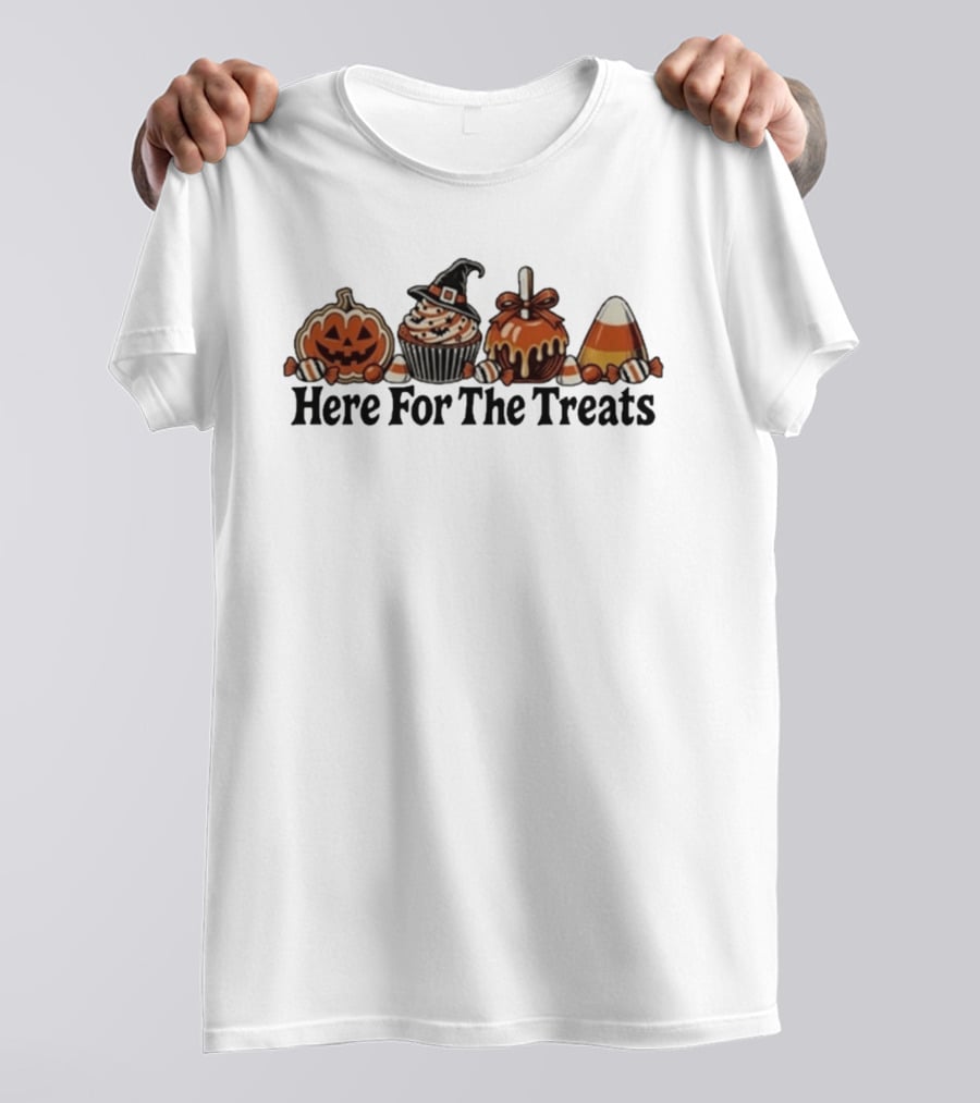 Here For The Treats Halloween Jack O Lantern Cupcake Candy T-Shirt
