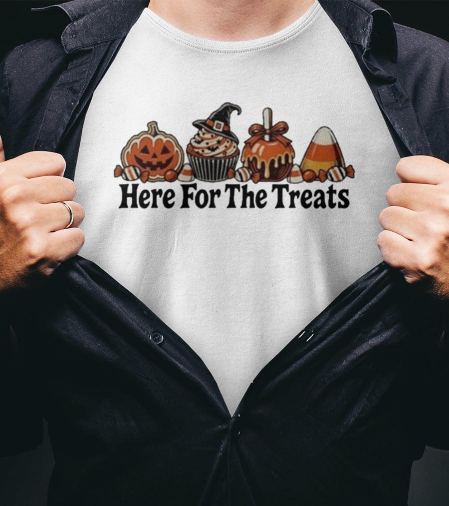 Here For The Treats Halloween Jack O Lantern Cupcake Candy T-Shirt