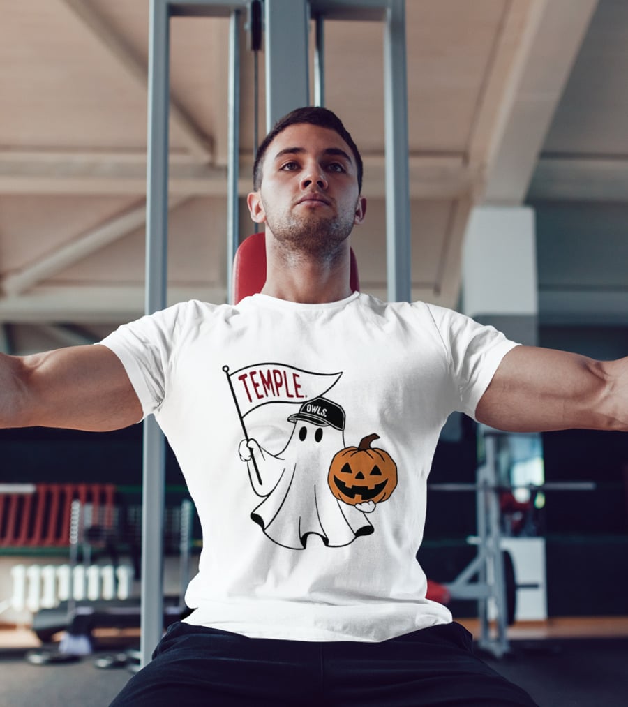 Temple Owls Halloween Ghost With Pumpkin And Flag T-Shirt