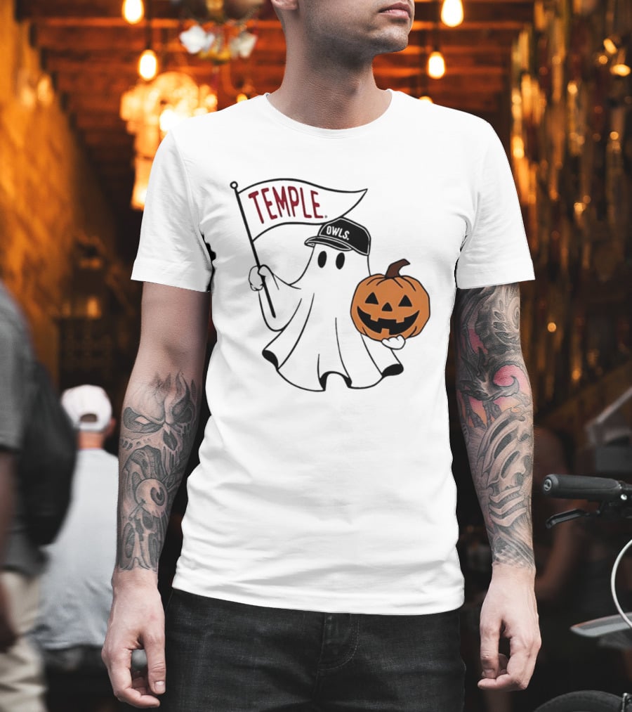 Temple Owls Halloween Ghost With Pumpkin And Flag T-Shirt