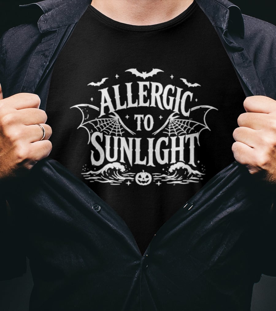 Allergic To Sunlight Vampire Bats Spooky Halloween 2026 Jack O'Lantern Cobwebs Gothic T-Shirt