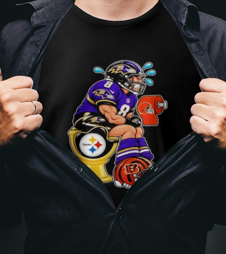 Baltimore Ravens Lamar Jackson On Steelers Toilet With Browns Toilet Paper And Bengals Helmet T-Shirt