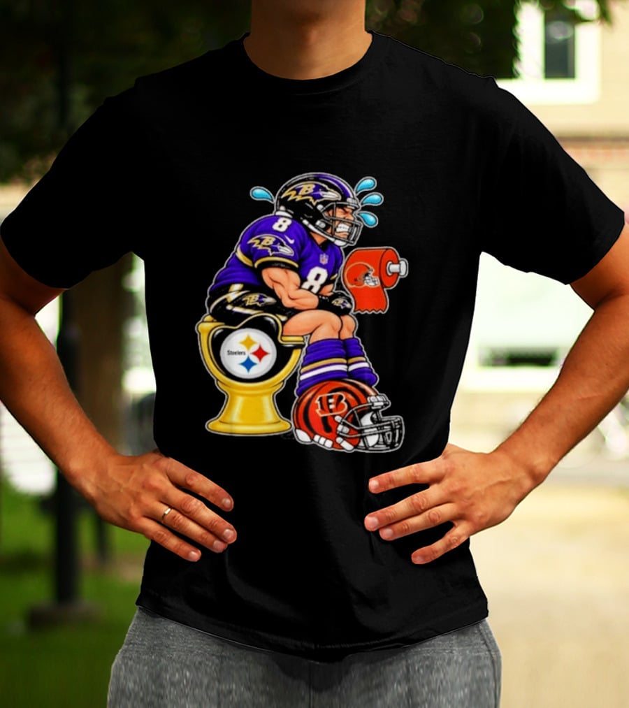 Baltimore Ravens Lamar Jackson On Steelers Toilet With Browns Toilet Paper And Bengals Helmet T-Shirt