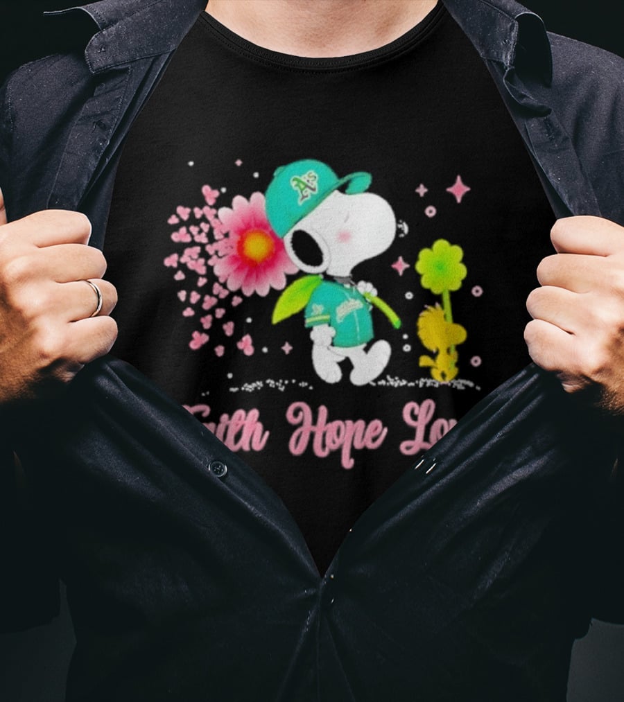 Oakland Athletics Snoopy Woodstock Faith Hope Love Breast Cancer Awareness 2026 T-Shirt