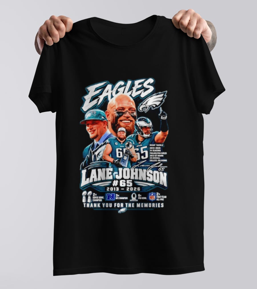 Eagles Lane Johnson #65 Philadelphia NFL Right Tackle 2013 2026 Thank You For The Memories Super Bowl Champion Pro Bowl T-Shirt