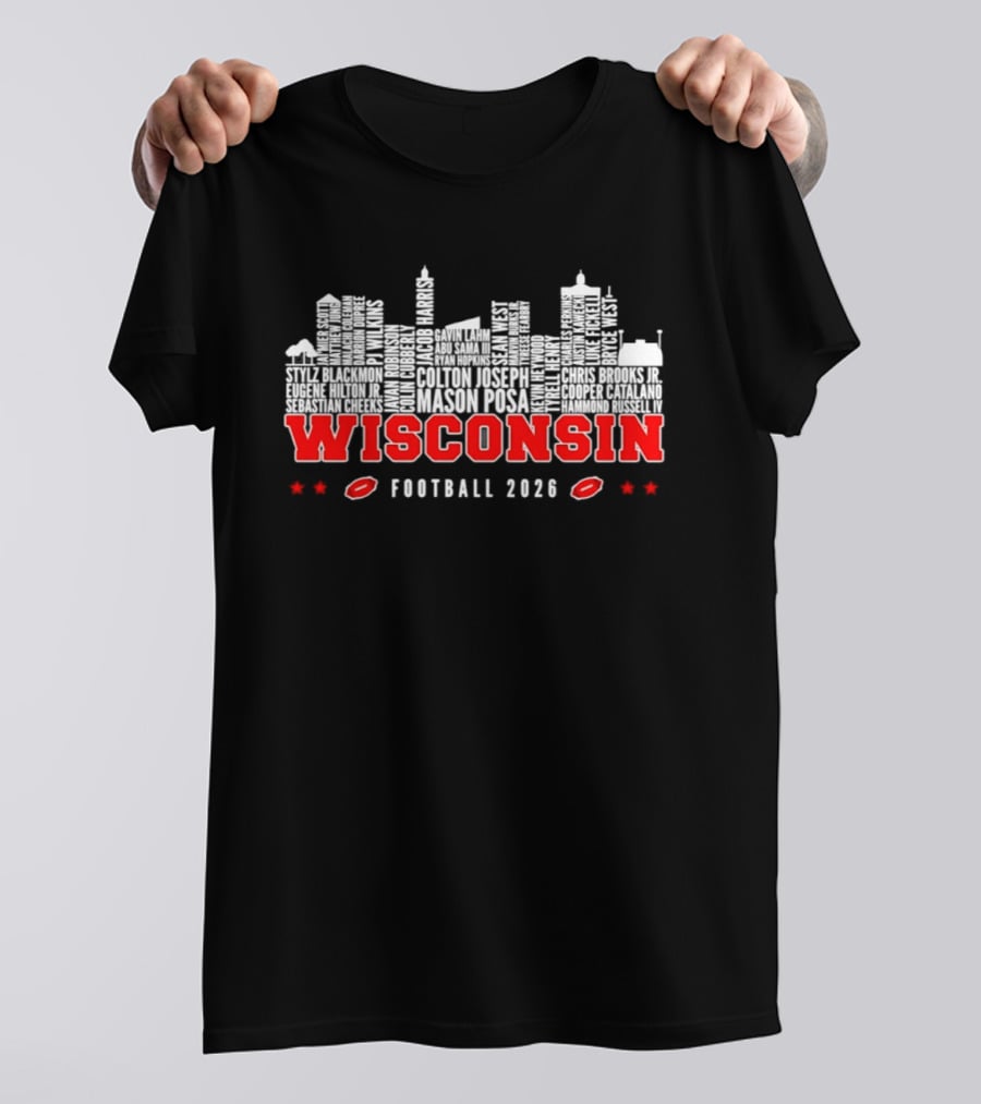 Wisconsin Badgers Football 2026 City Skyline Players Names T-Shirt