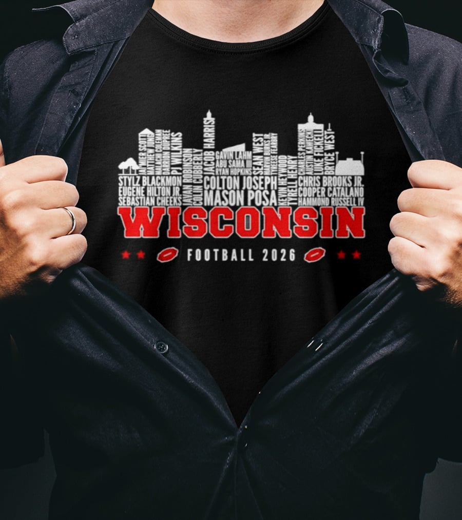 Wisconsin Badgers Football 2026 City Skyline Players Names T-Shirt