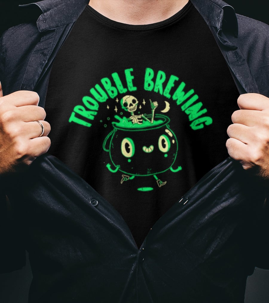 Skeleton Trouble Brewing Halloween 2026 Cauldron Moon T-Shirt