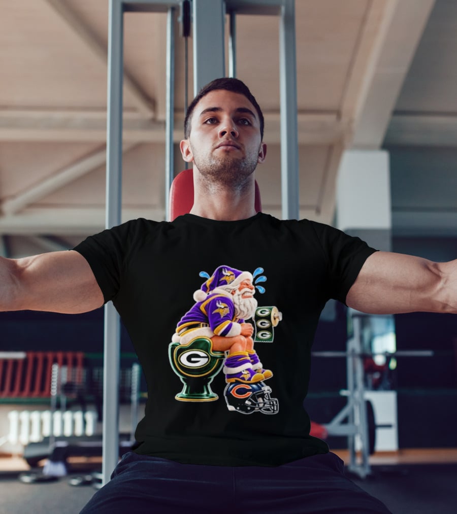 Minnesota Vikings Santa With Green Bay Packers Toilet And Chicago Bears Helmet Christmas Football T-Shirt