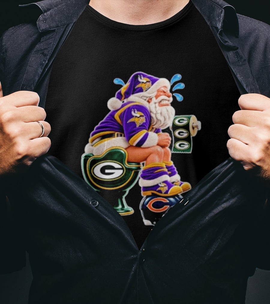 Minnesota Vikings Santa With Green Bay Packers Toilet And Chicago Bears Helmet Christmas Football T-Shirt