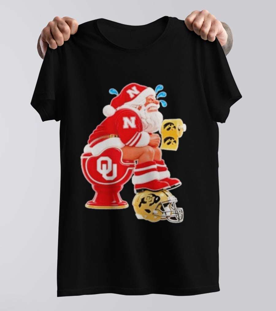 Nebraska Santa On Oklahoma Toilet With Iowa Toilet Paper And Colorado Helmet Football Rivalry Humor T-Shirt